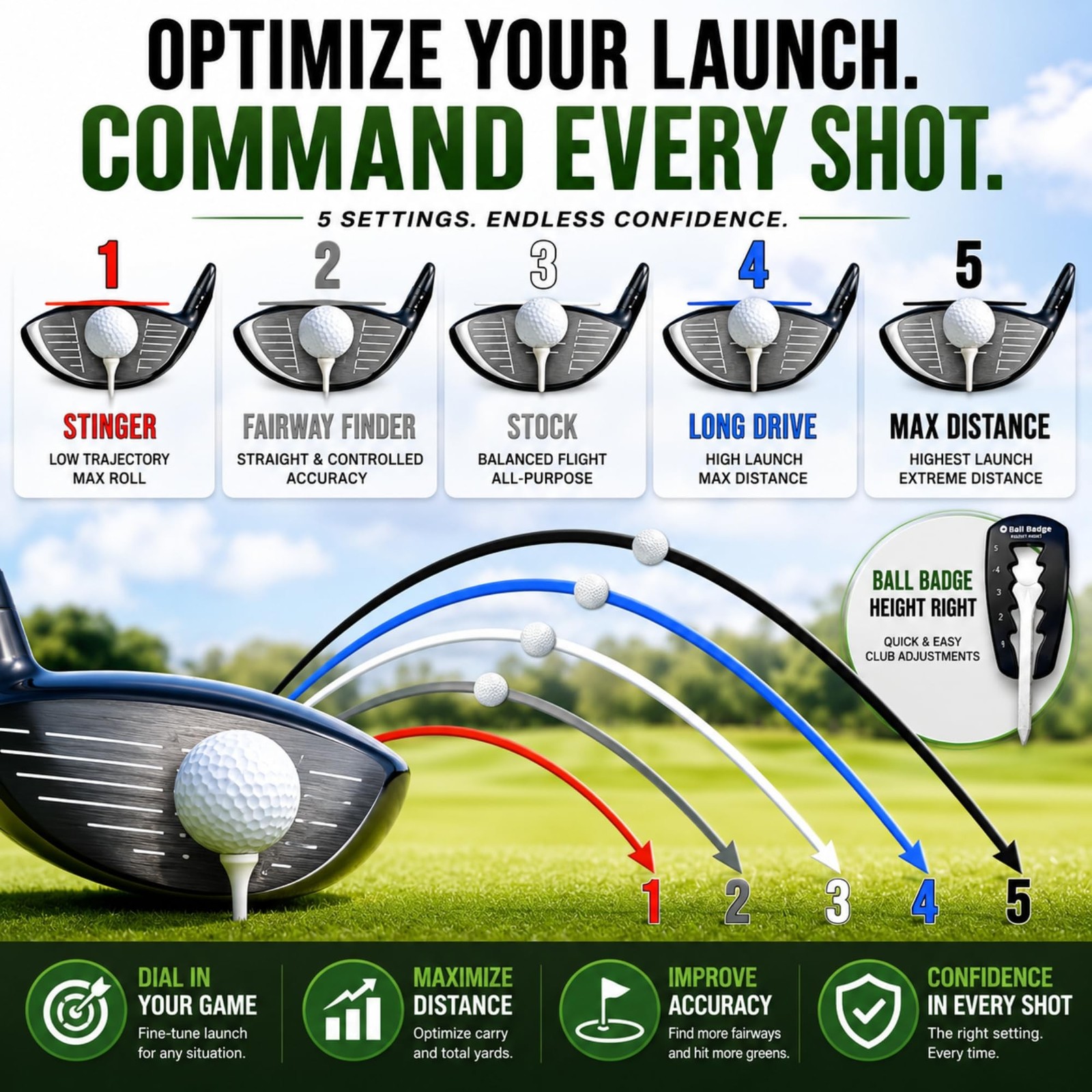 Adjustable Golf Tee Height Tool (5-Level Precision) – Universal Fit for Wo