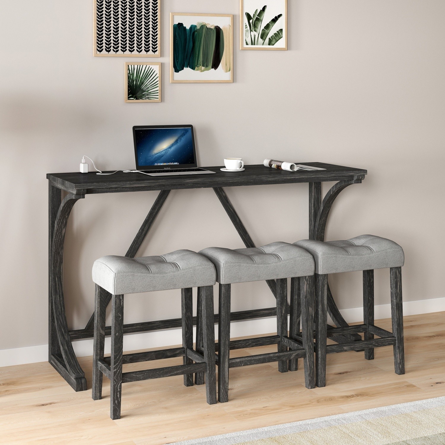 4 Piece Bar Table Set Kitchen Counter Height Table Dining Table w/ 3 Bar Stools