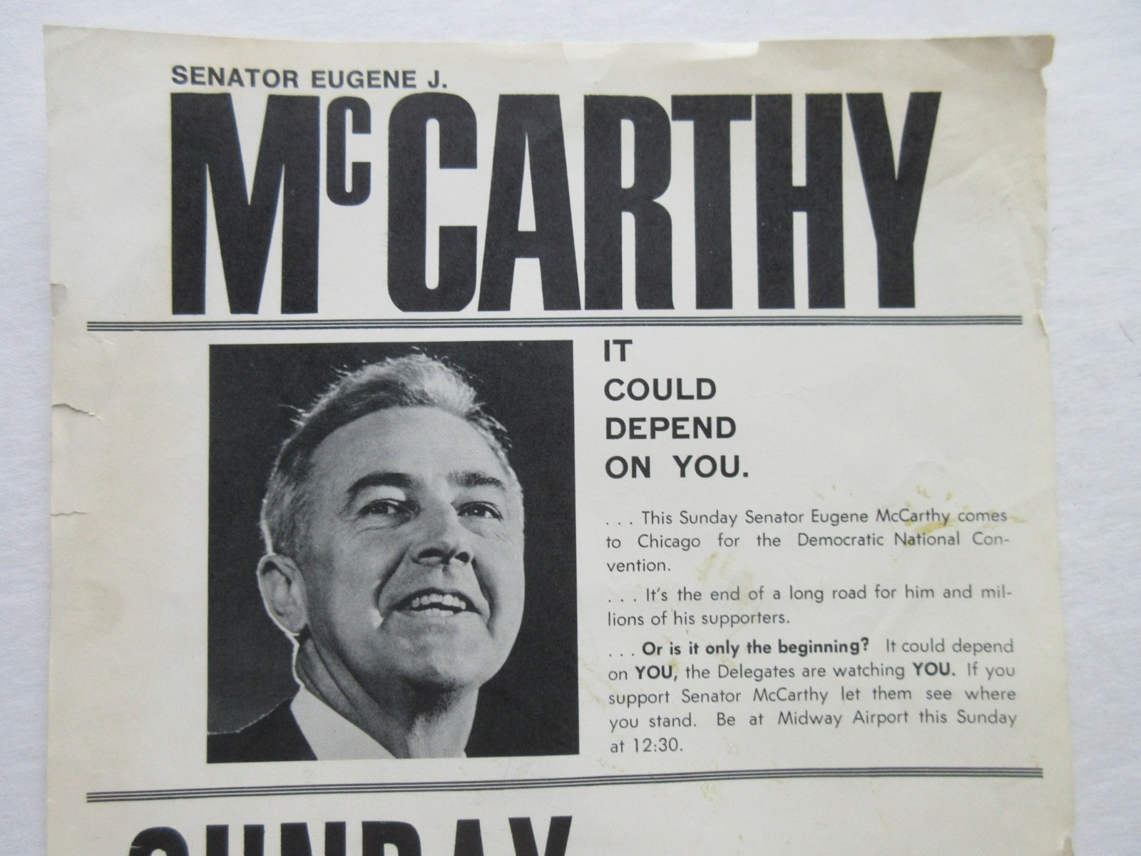 1968 Senator Eugene McCarthy for President flyer poster Midway Airport Chicago