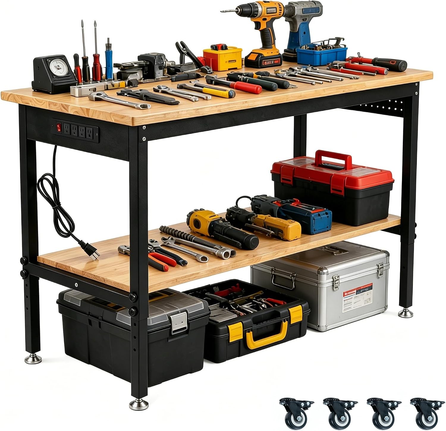 60"x24" Double Layer Adjustable Workbench With Power Outlet 2500LBS Hardwood Wor