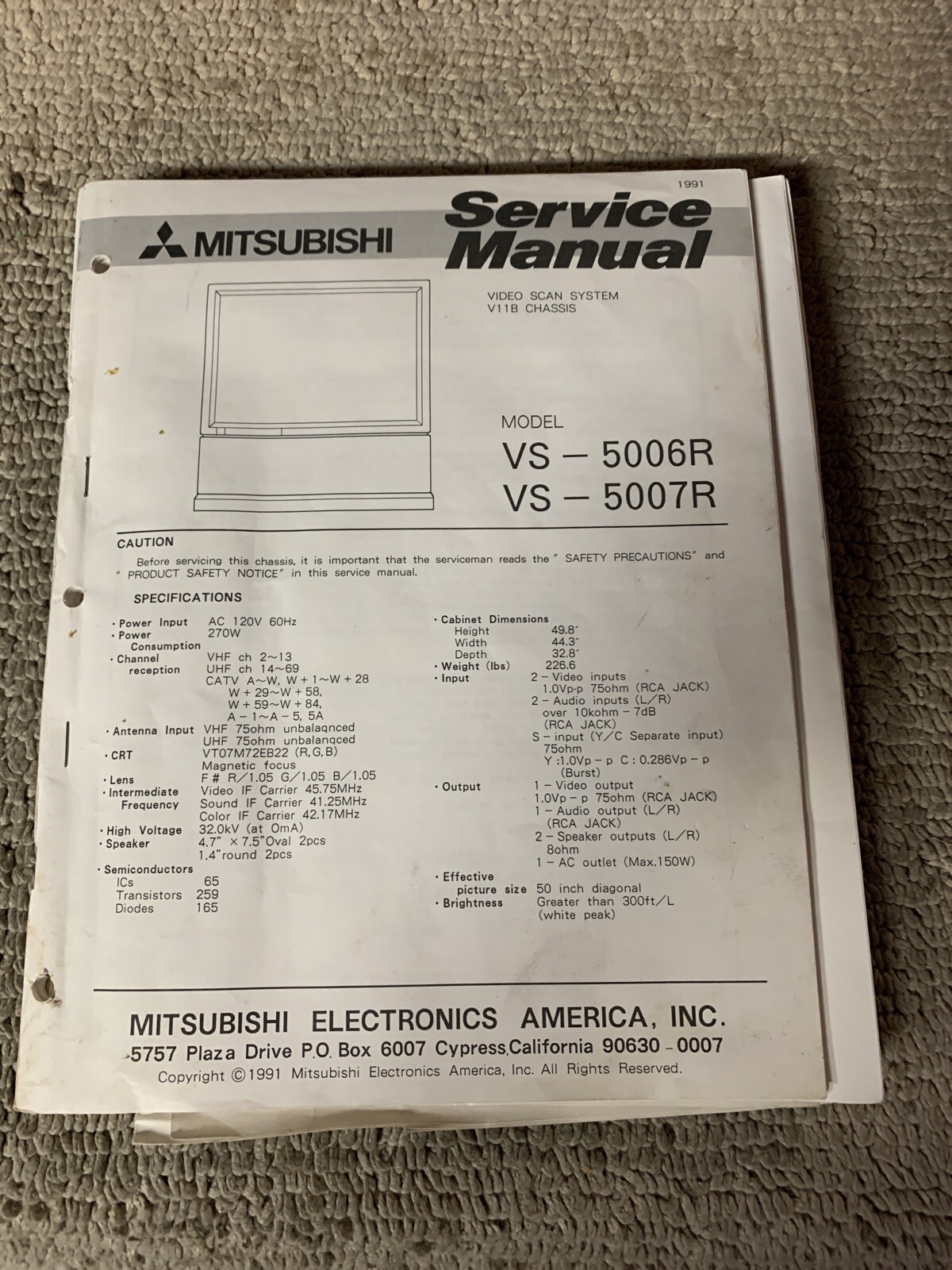 original Mitsubishi Tv Vs-5006r 5007r Arcade game Manual