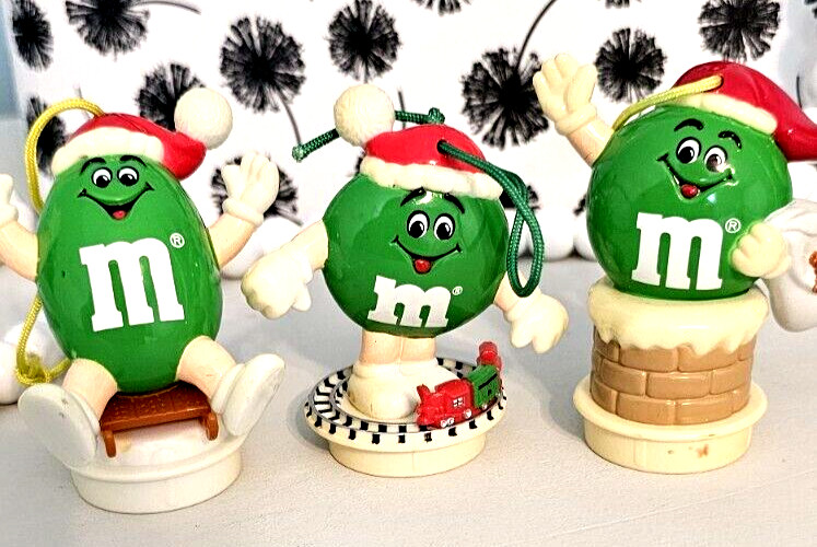 Mars Peanut M&M (3) Christmas Ornaments 1995 Green On Sled Chimney Train 2.75"