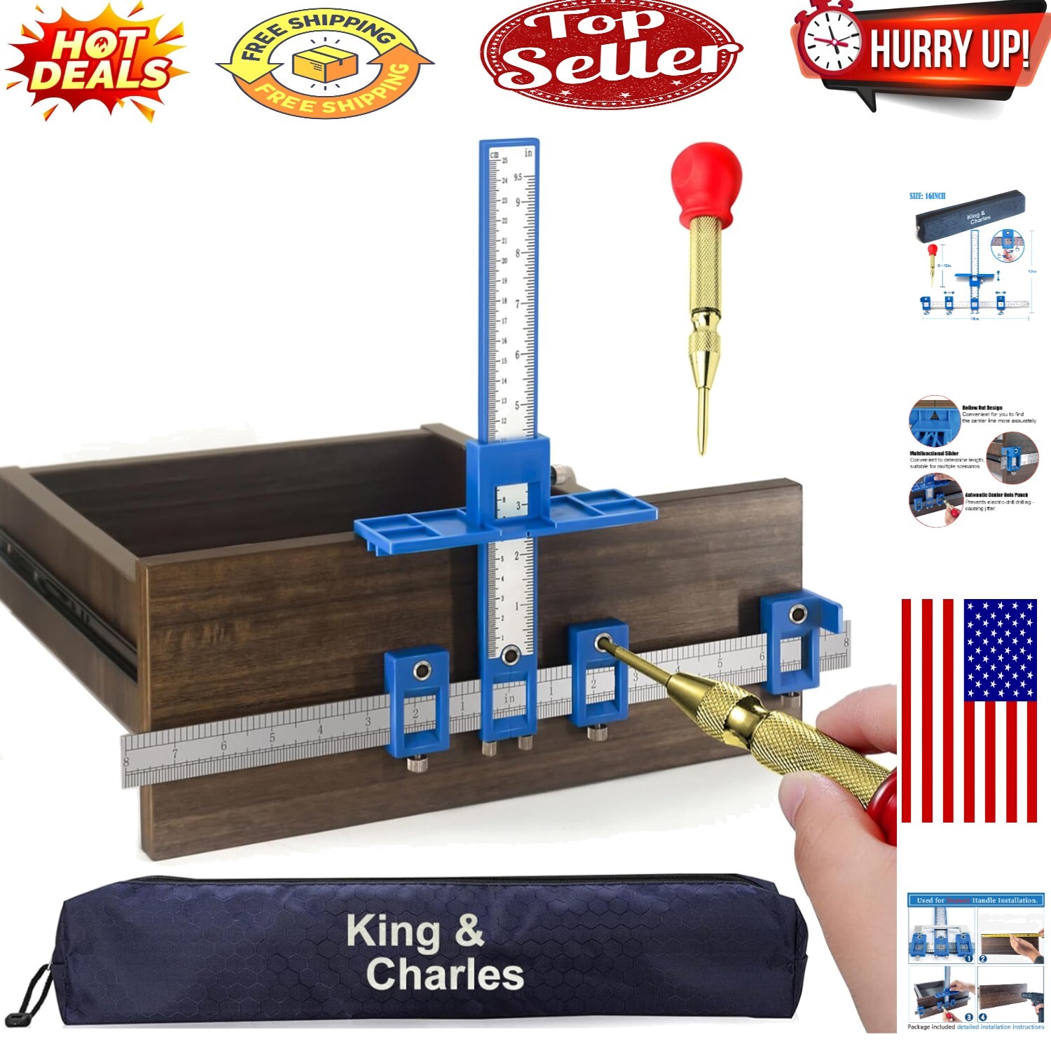 Precision Cabinet Hardware Jig with Automatic Center Punch - Versatile Tool