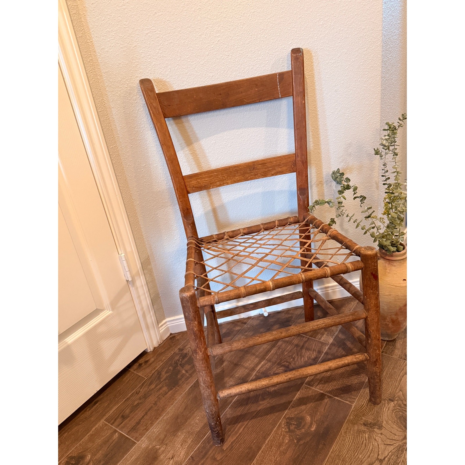 Antique Arkansas Primitive Ladderback 19th C. Hand-Woven Rawhide Seat Chair