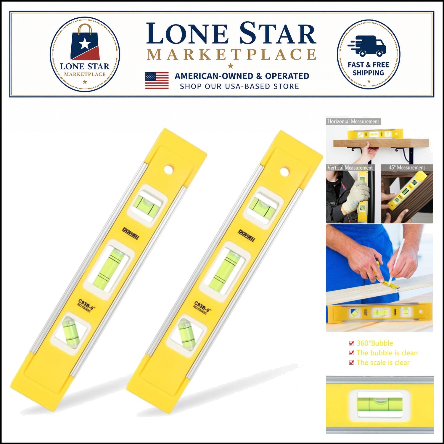Precision 9-Inch Magnetic Level - 2 Pack with 3 Easy Read Bubbles for Accuracy