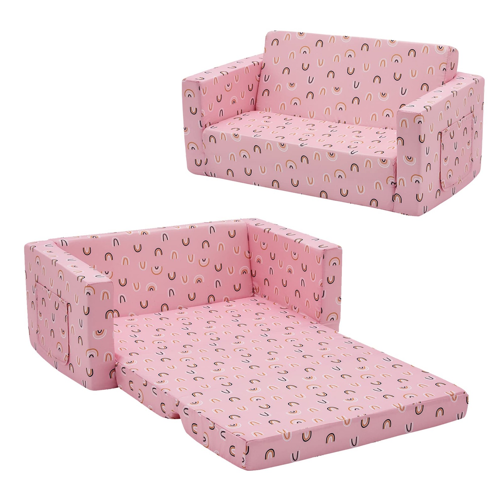 Fold Out Couch 2-in-1 Children Convertible Sofa to Lounger with Soft Plush Fa...