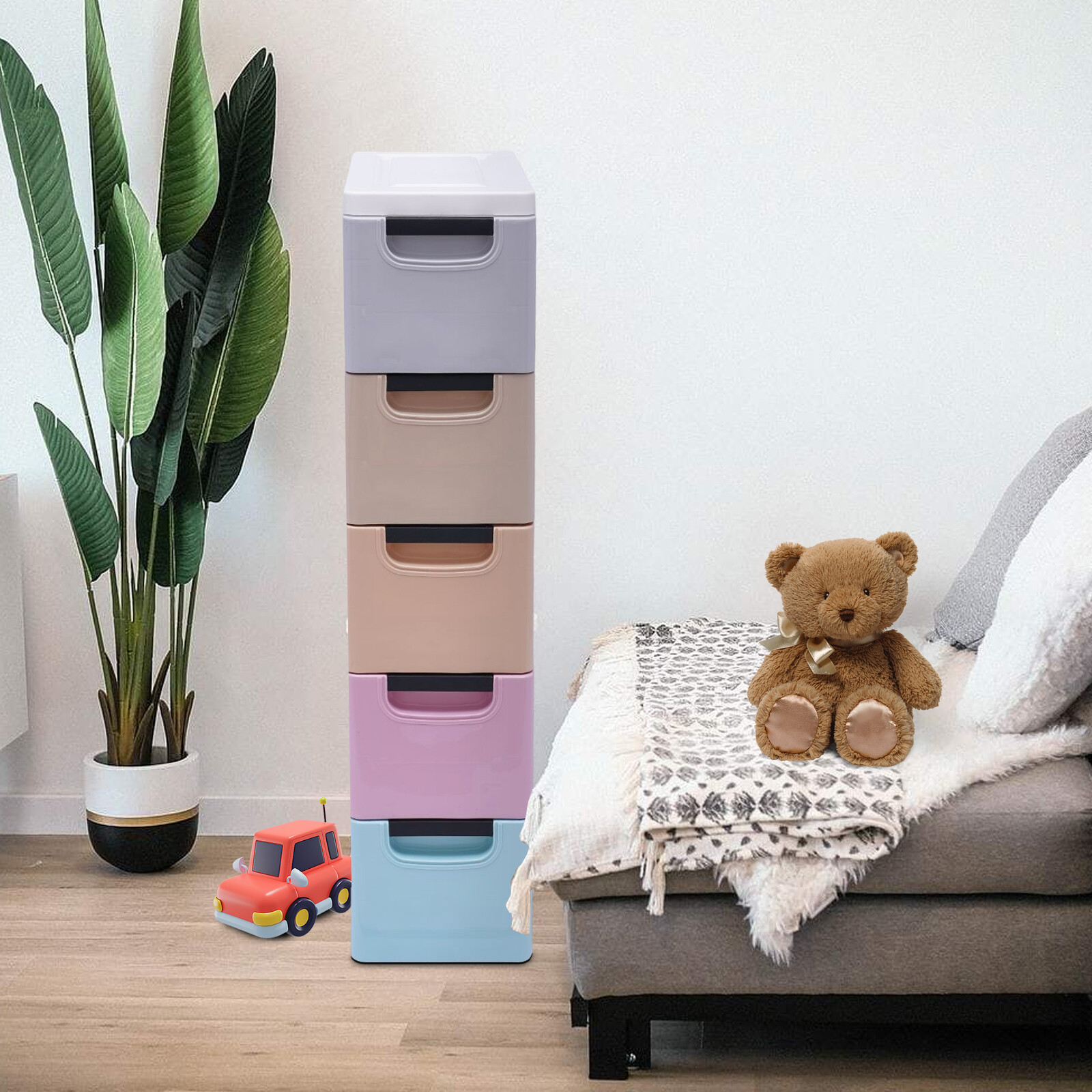 Stackable Vertical Storage Cabinet Clothes Storage Box w/5 Drawers PP Plastic