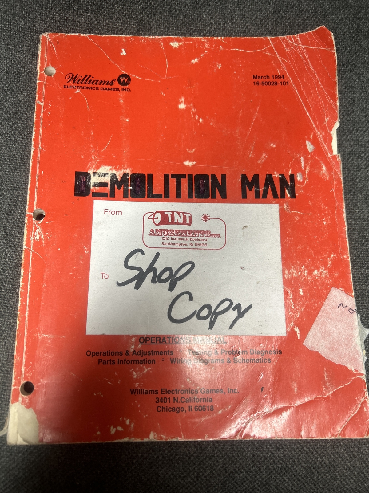 Williams DEMOLITION MAN Pinball Machine Manual - used original