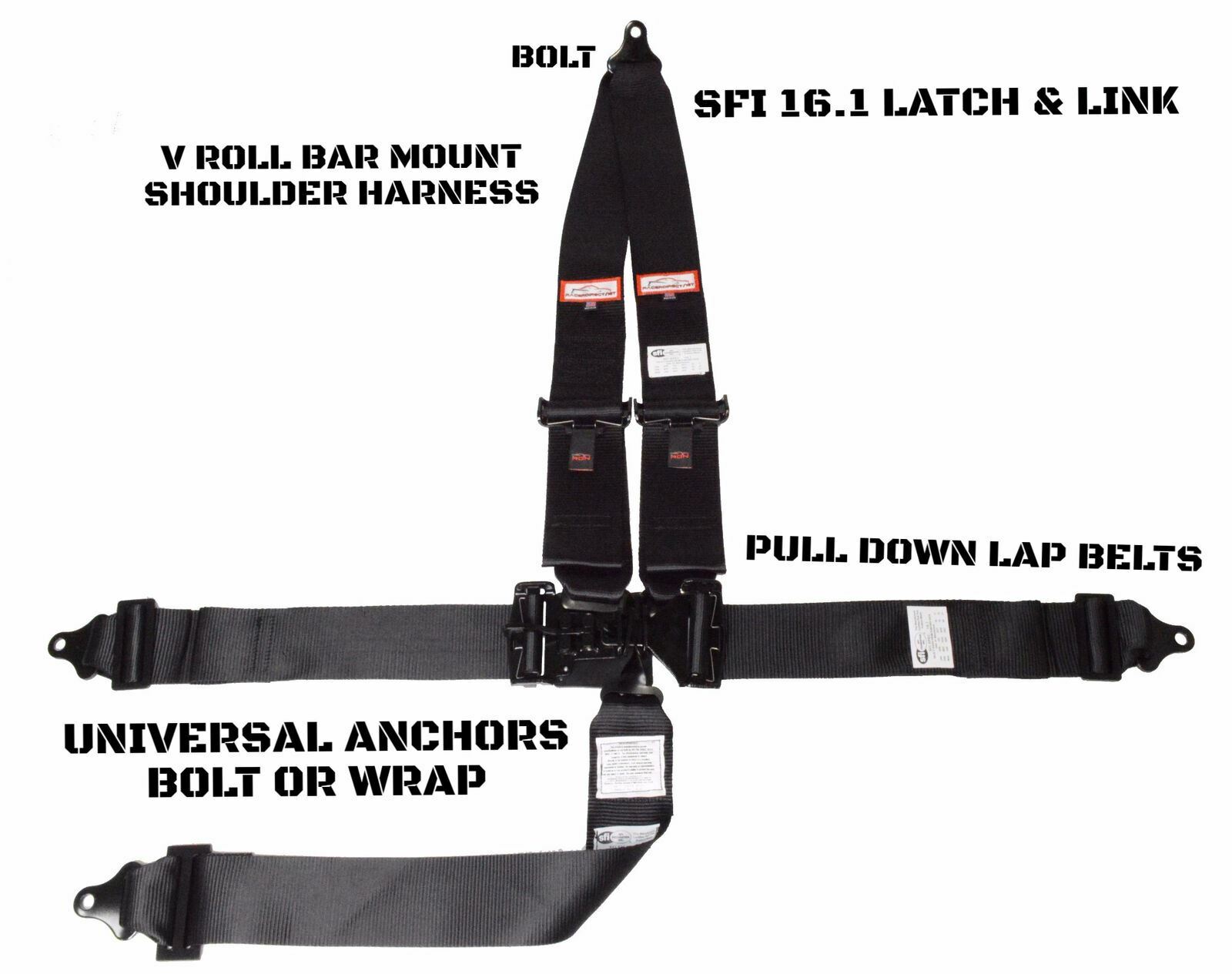 RACERDIRECT RACING HARNESS BELT V MOUNT SFI 16.1 LATCH & LINK 5 POINT BLACK