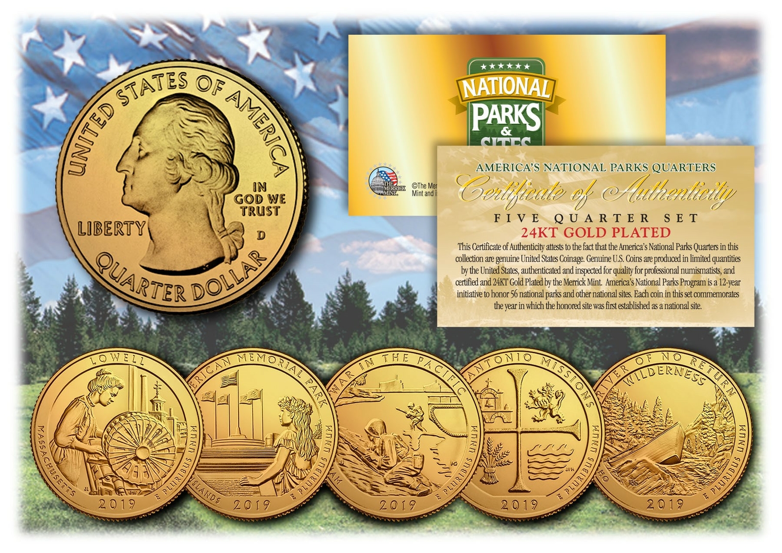 2019 America The Beautiful 24K GOLD PLATED Quarters Parks 5-Coin Set w/ Capsules