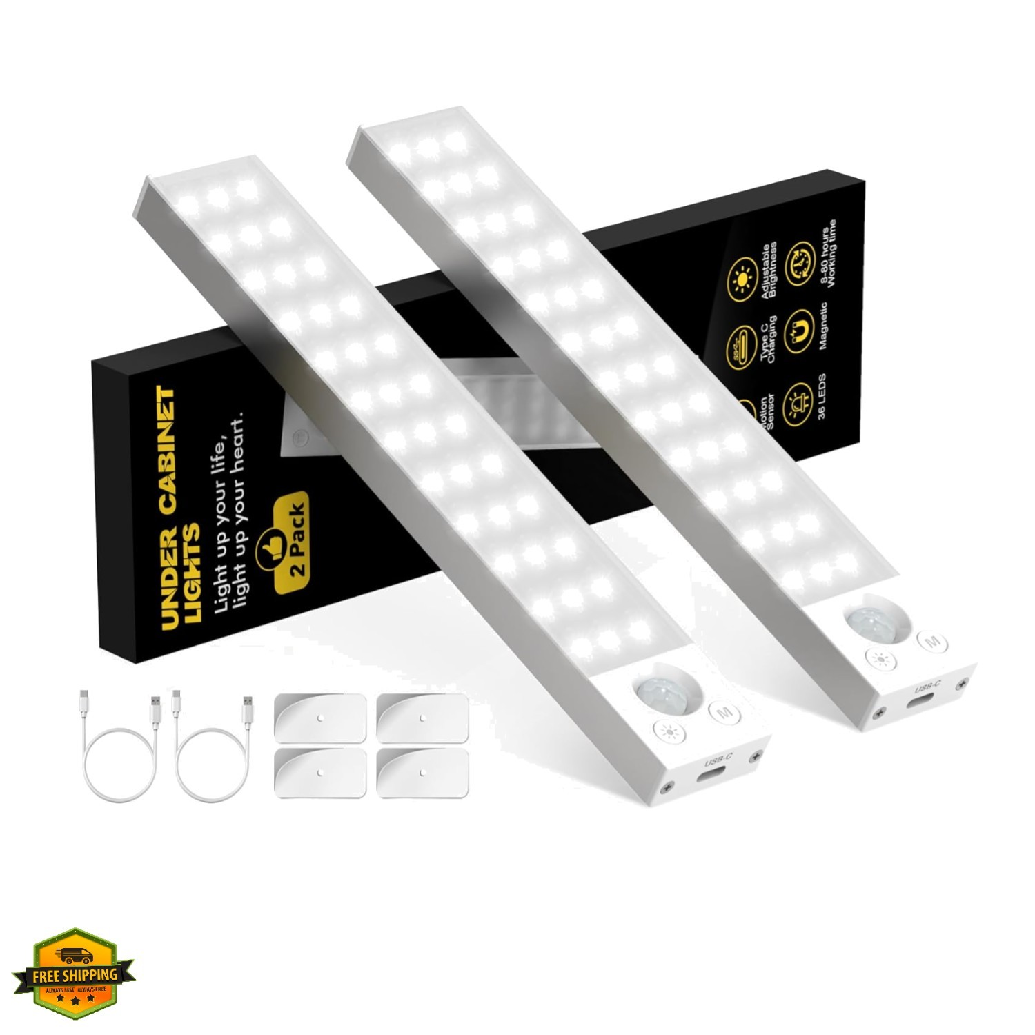 Under Cabinet Lighting 1800mAh Long Battery Life,2 Pack Dimmable Motion Senso...