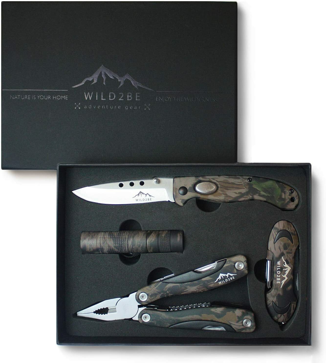 Wild2Be Premium 4 Piece Real Tree Camo Knife Multi-tool Set