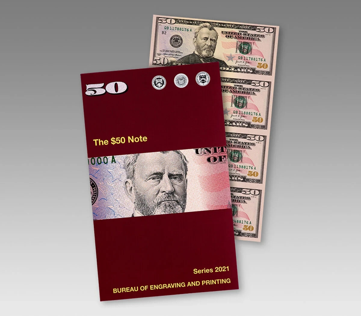 Sheet of 4 uncut $50 Dollar Bills brand new includes the protective cover #1852.