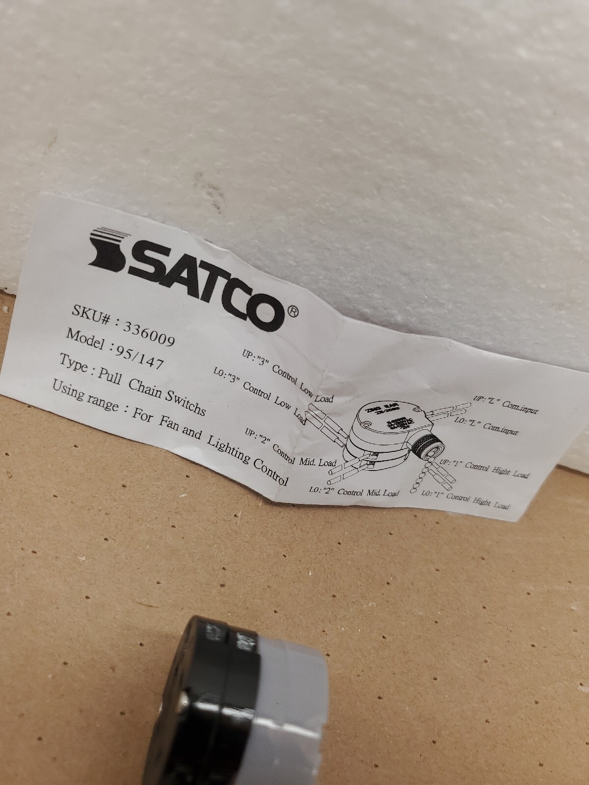 Satco 95/147 6 Amp 1-Pole 3 Speed Fan Switch Pull Chain + Cotton String 336009