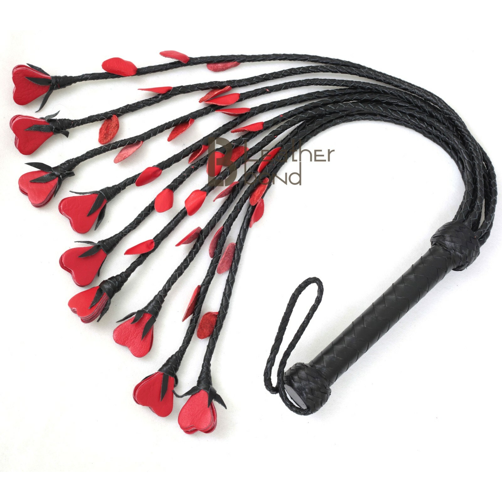 Real Genuine Cow Hide Leather Flogger 9 Braided Falls with Red Hearts Heavy Duty