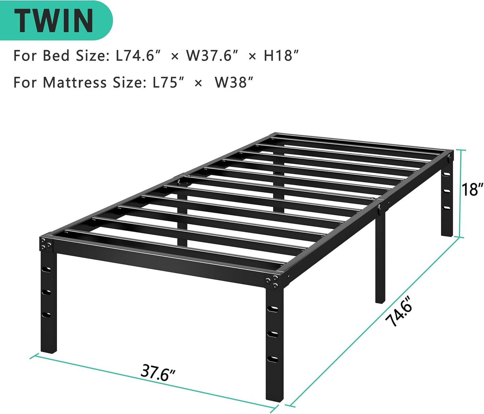 Metal Platform Bed Frame Twin Size 16 Inch Tall No Box Spring Support Slats