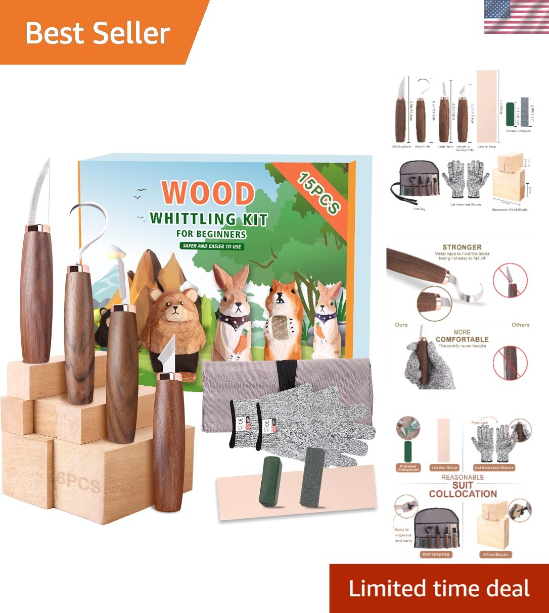 15-Piece Wood Carving Tools with Durable Stainless Steel Blades & Storage Pouch