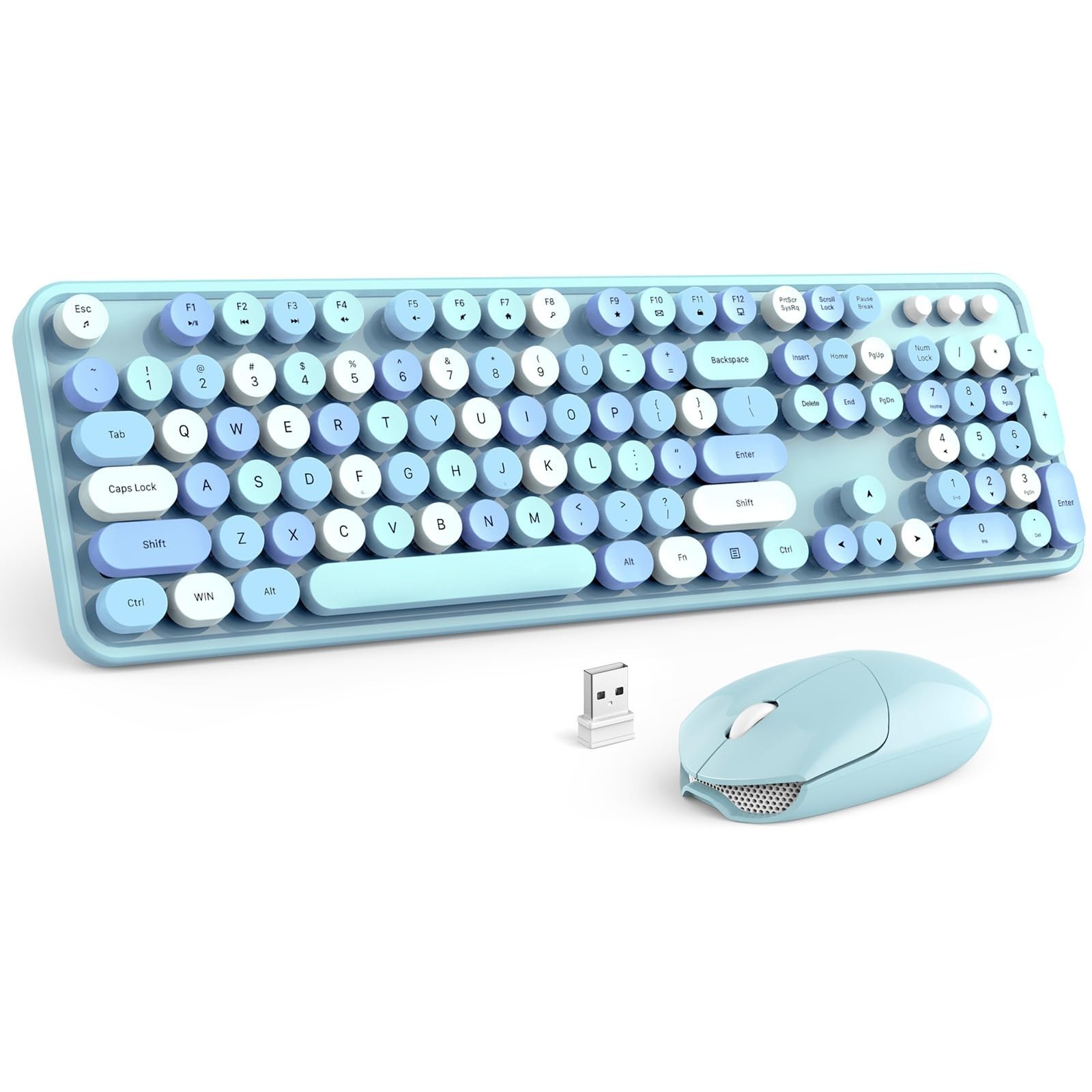 MOFII Wireless Keyboard and Mouse Combo, Blue Colorful Round Key Typewriter K...