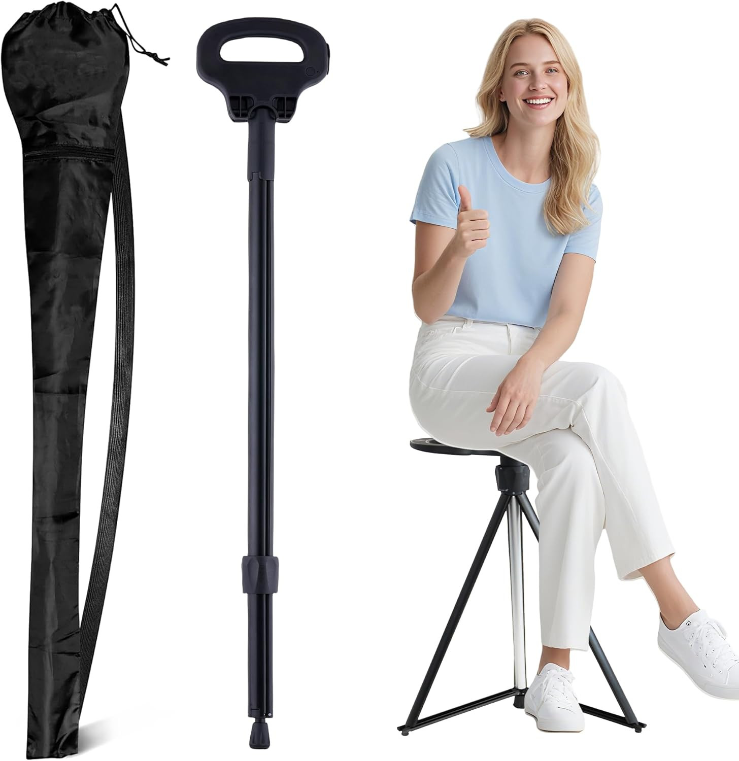 Walking Cane with Seat Folding Lightweight, 2-In-1 Cane Stool for Adults, Alumin
