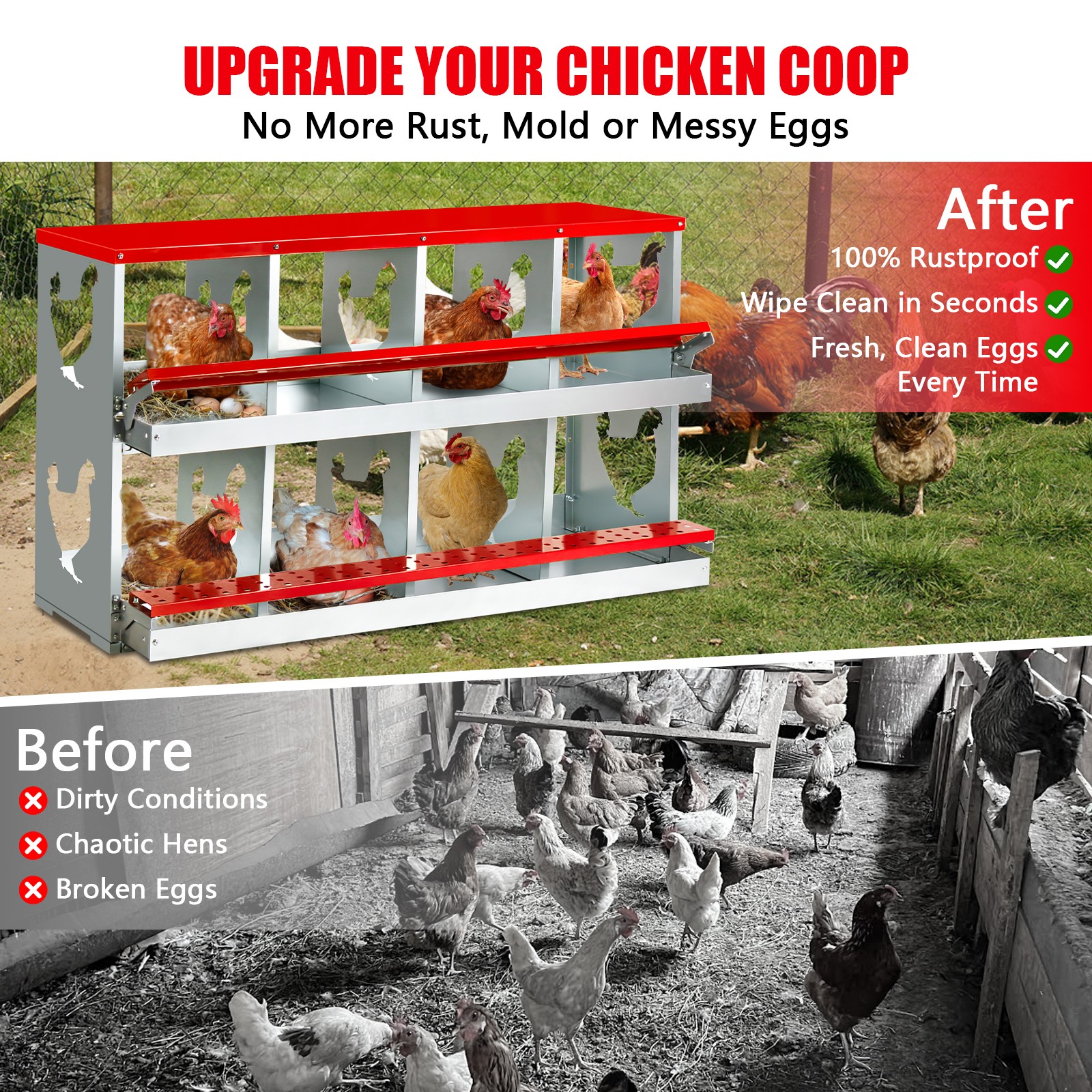 Chicken Nesting Box for Laying Eggs,Wall-Mountable Chicken Coop (RED,10 HLOES)