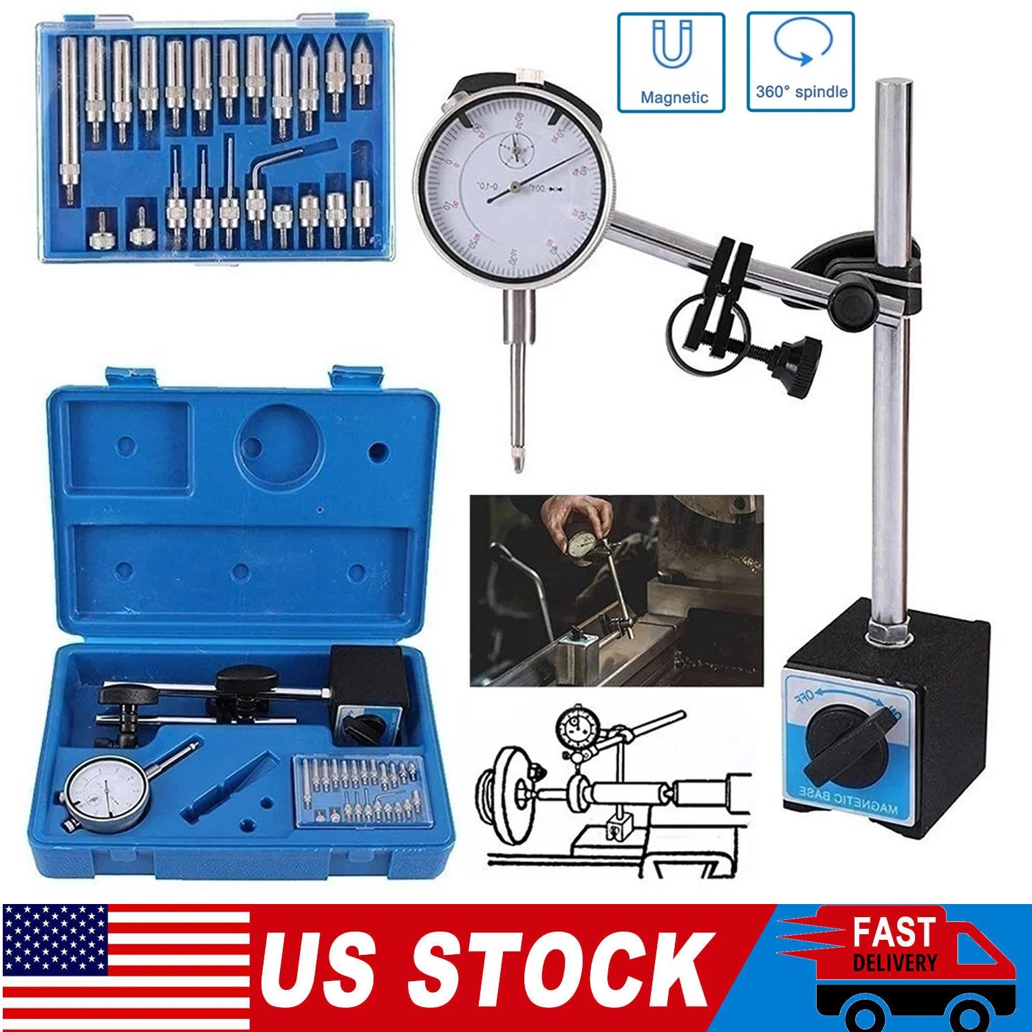 Dial Indicator with Magnetic Base Holder Fine Adjustable Long Arm 0-1" Magnetic