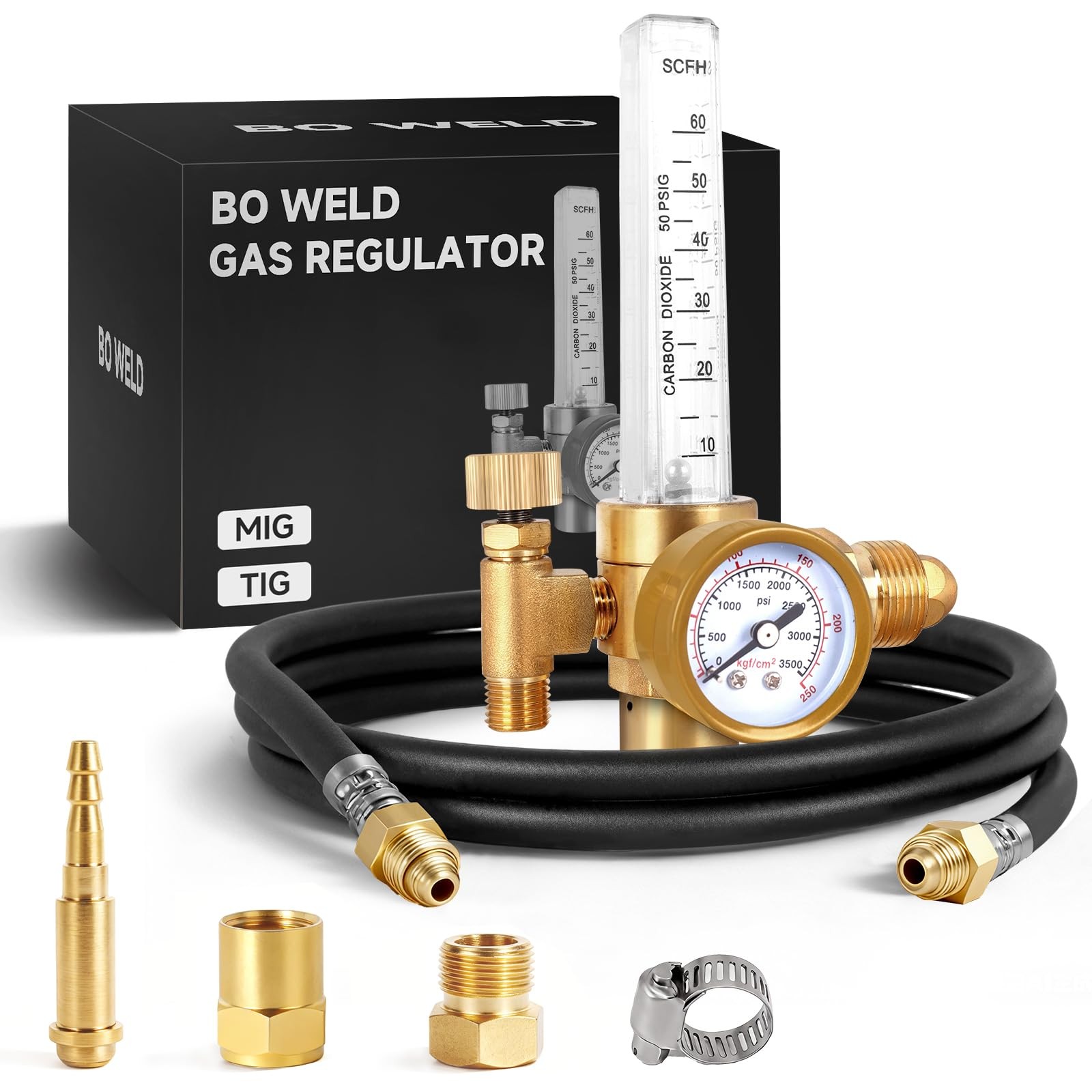 BO WELD Argon CO2 Regulator Flow Meter Gas Regulator With 6.8 FT Gas Hose