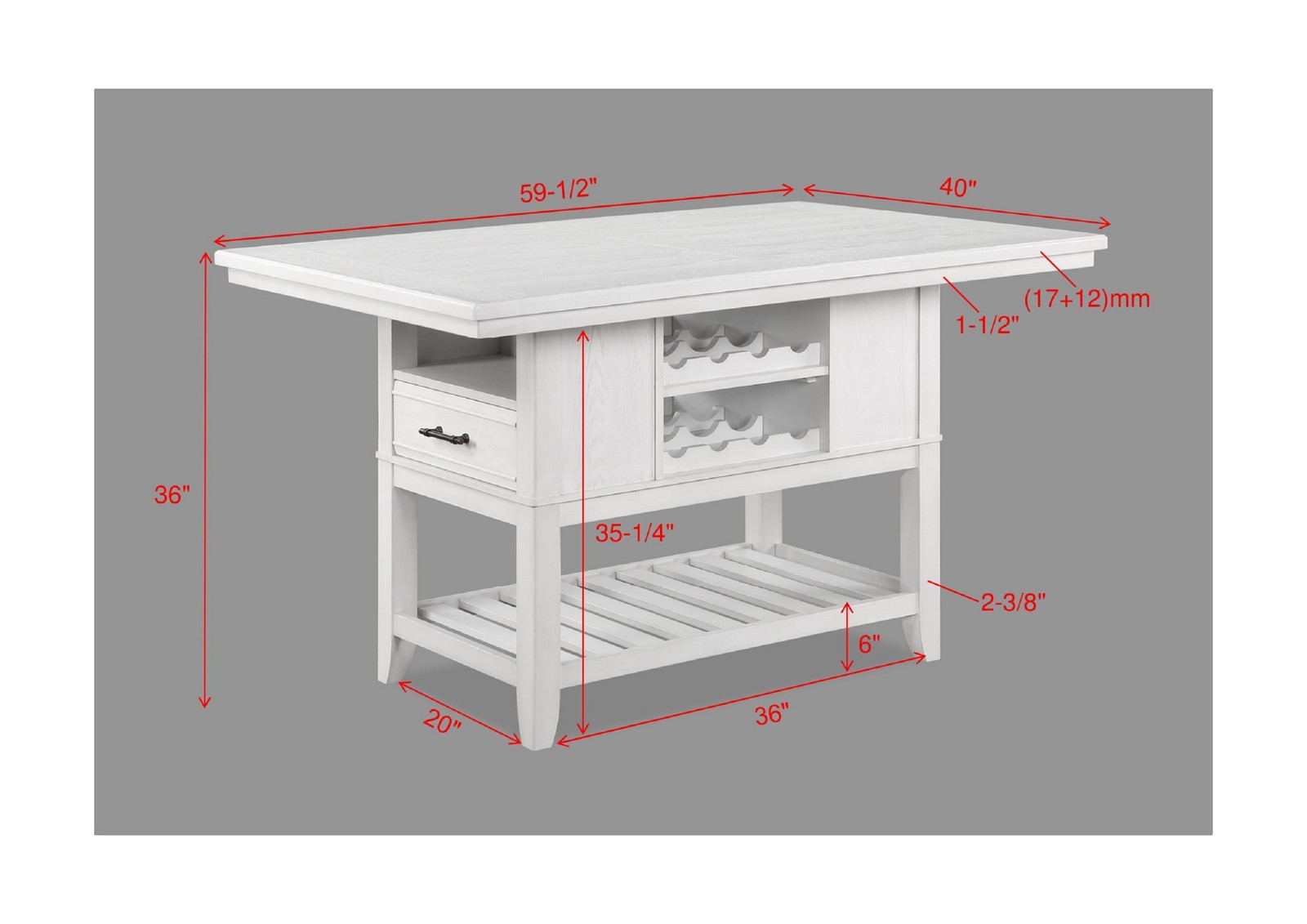1pc Counter Height Table with Storage Drawers Wine Rack Open Shelf White Finis