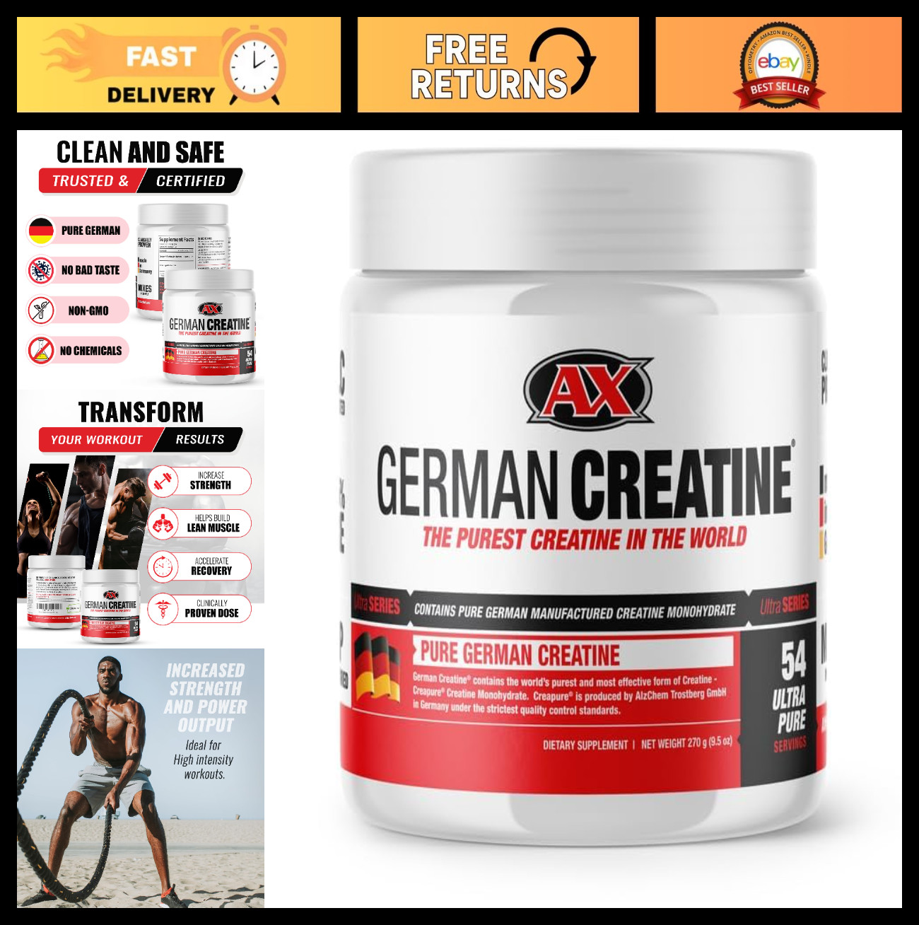 Micronized Creatine Monohydrate Powder 270g - 99.99% Pure for Muscle Growth, Str