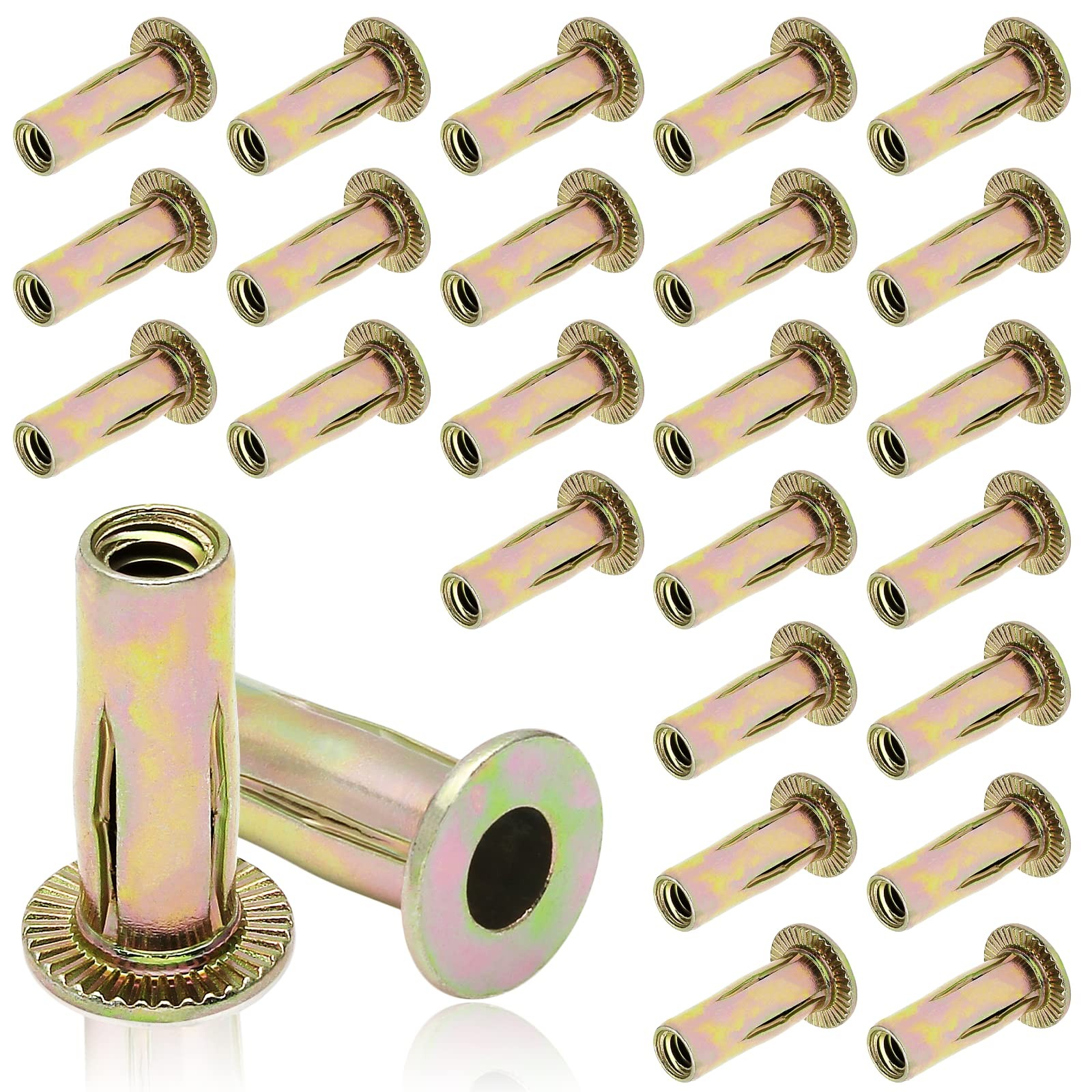 Moicstiy 25Pcs Steel Multi Grip Rivet Nuts Pre Bulbed Shank 1/4-20 Inch, Gold