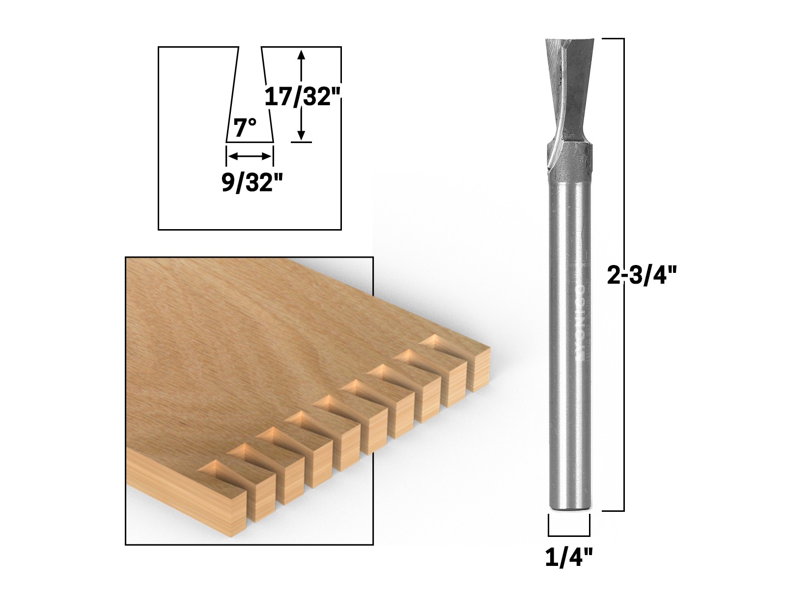 7Â° X 9/32" Solid Carbide Dovetail Router Bit - 1/4" Shank - Yonico 14810q