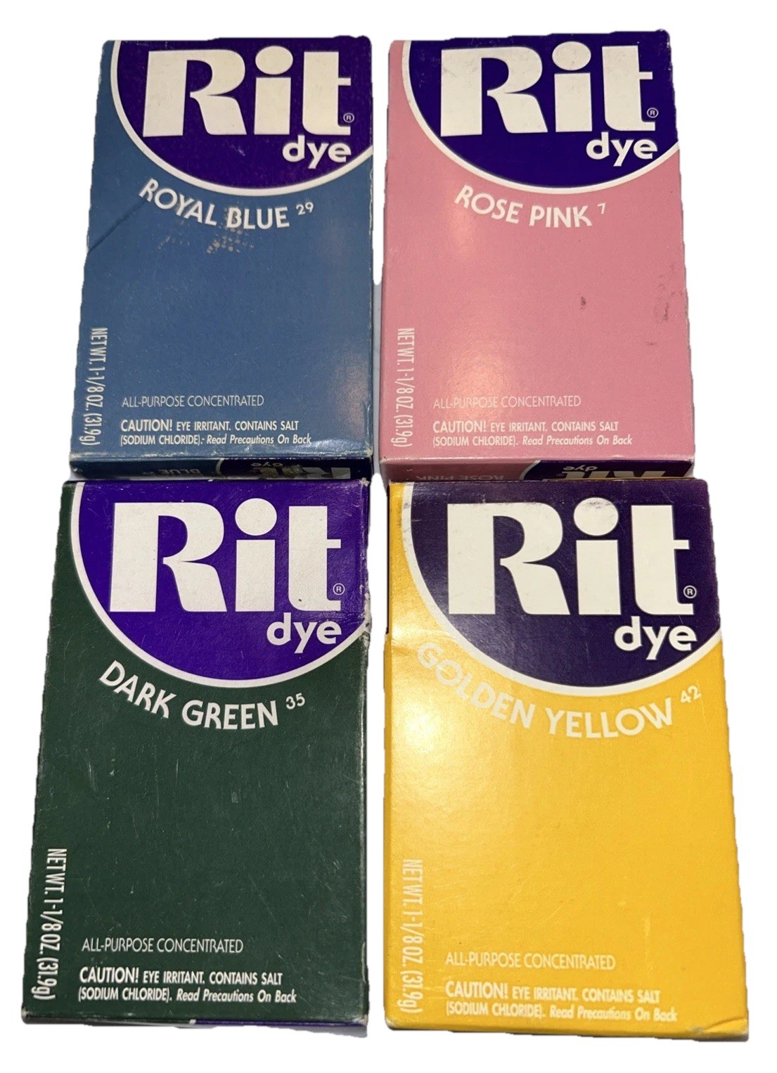 Rit Dye VTG Lot Of 4 Boxes Royal Blue Dark Green Rose Pink Golden Yellow Rit VTG