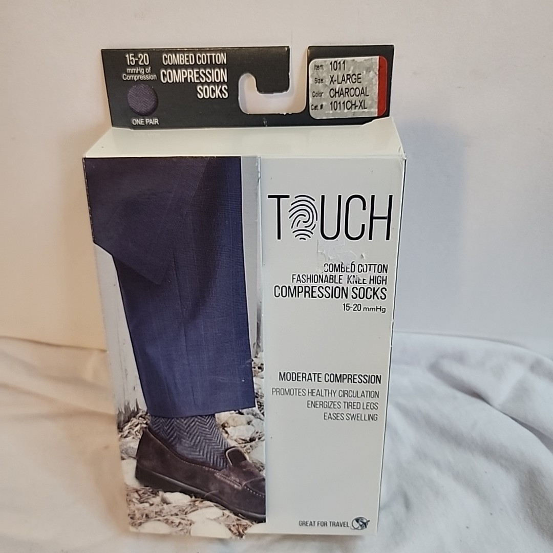 Touch Compression Men's 15-20mmHg Cotton Socks Herringbone Size X-Large Charcoal