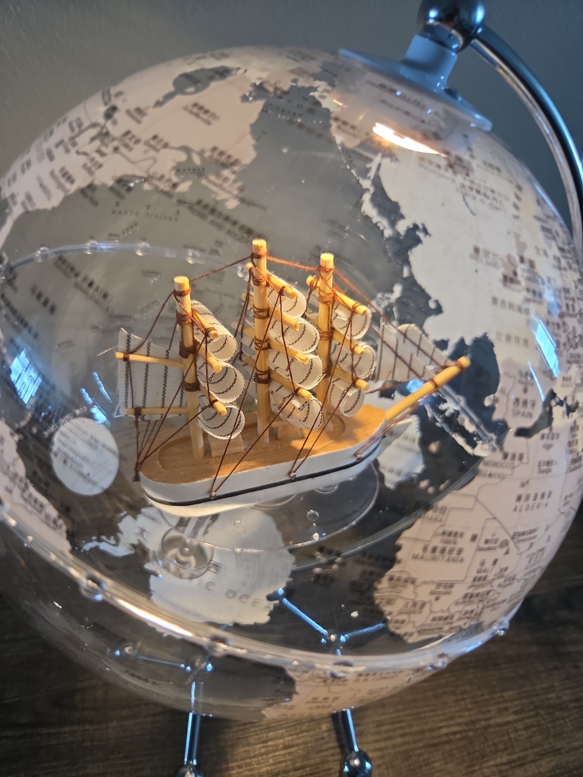 LED Illuminated Earth Globe War. White Light Metal Stand