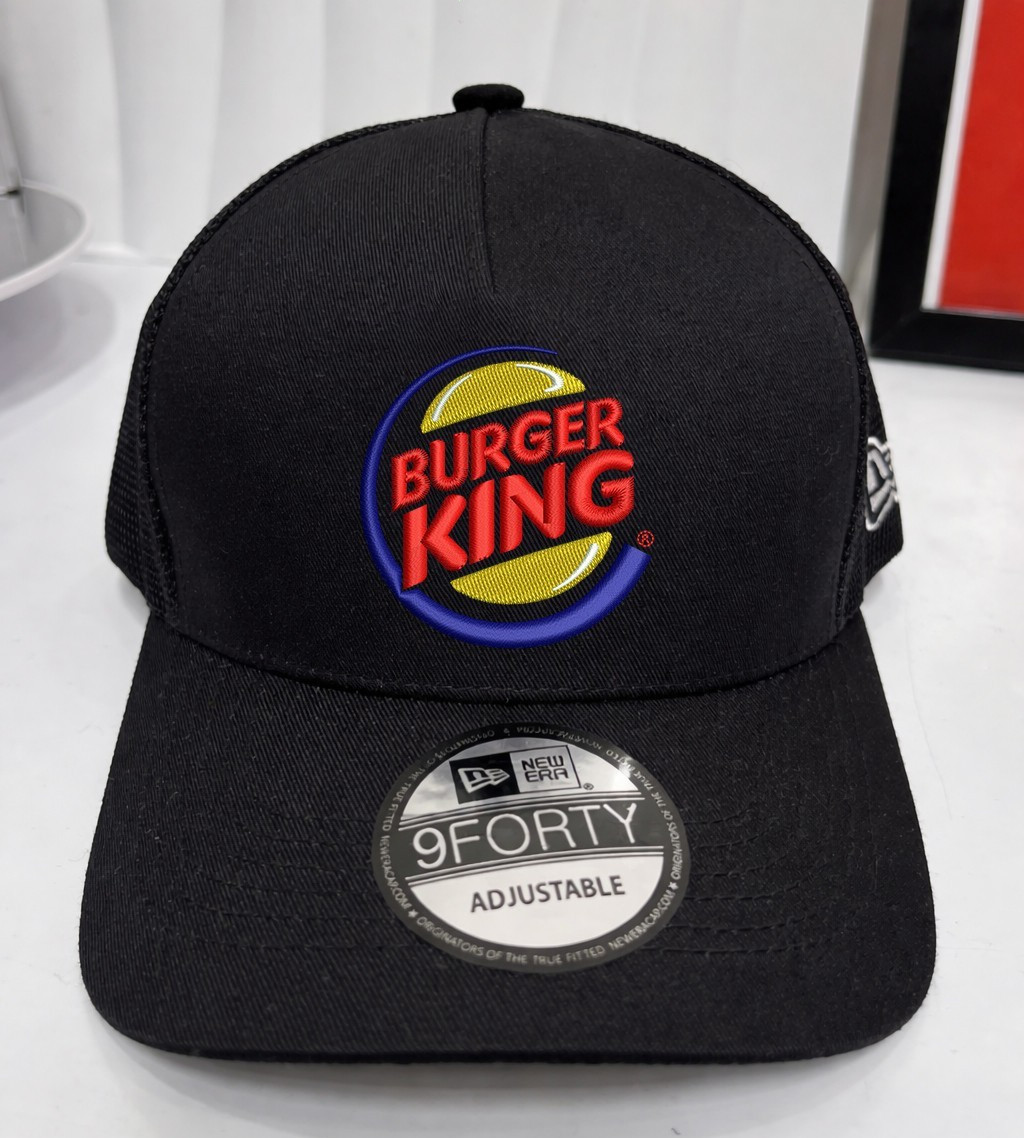 Burger King Logo Trucker Hat, New Era Black Mesh Unisex Cap, Embroidered Logo