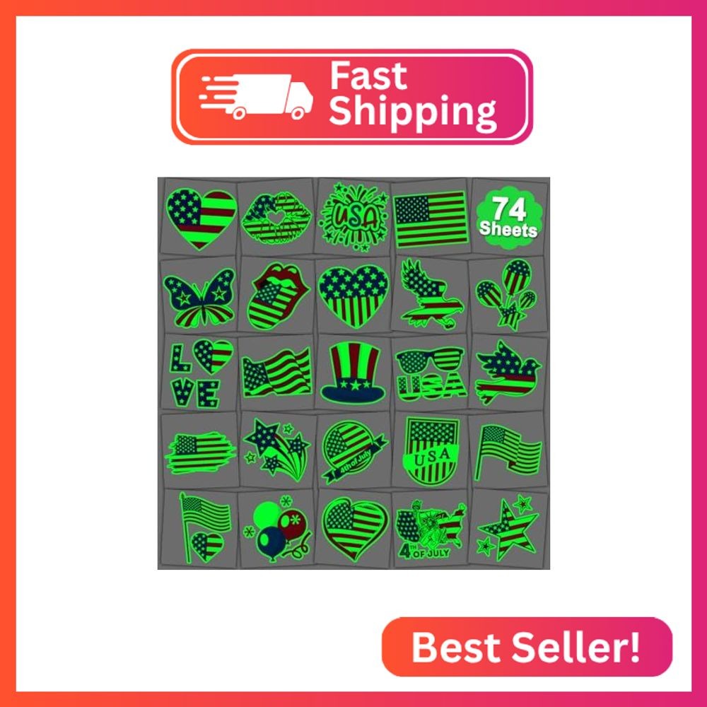 CHARLENT Glow in The Dark 4th of July Temporary Tattoos for Kids