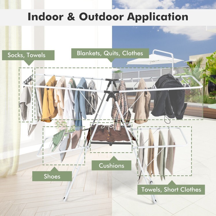 Costway Foldable 2-Level Steel Clothes Drying Rack w/ Height-Adjustable Gullwing