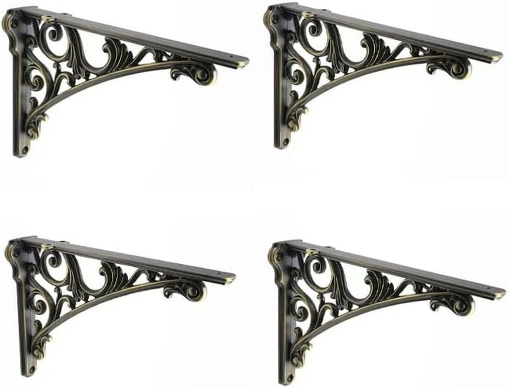 Brushed Antique Brass Shelf Brackets 12" - Heavy-Duty 4 Pack for DIY Projects