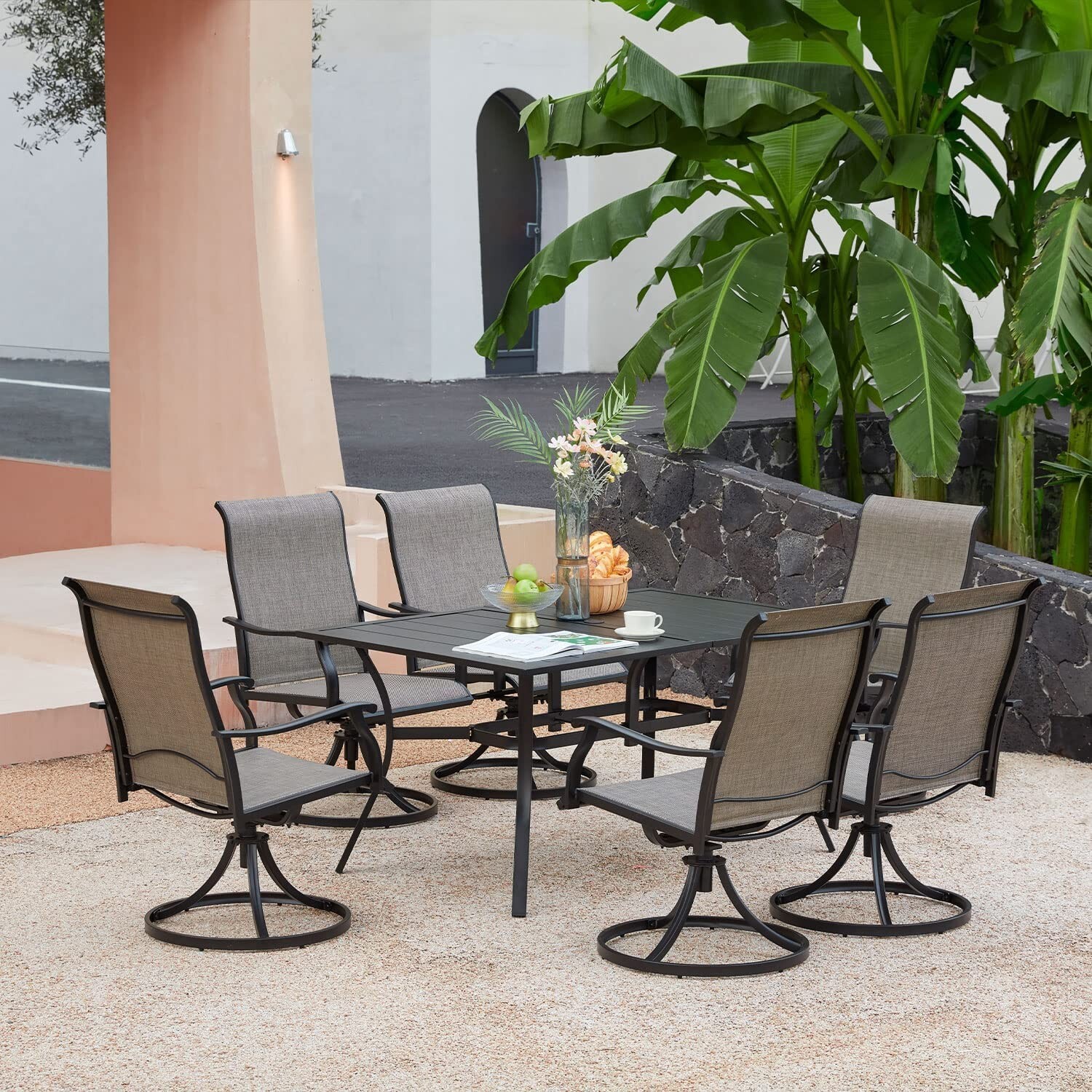 59inch Outdoor Dining Table Metal Rectangular Patio Dining Table w/Umbrella Hole