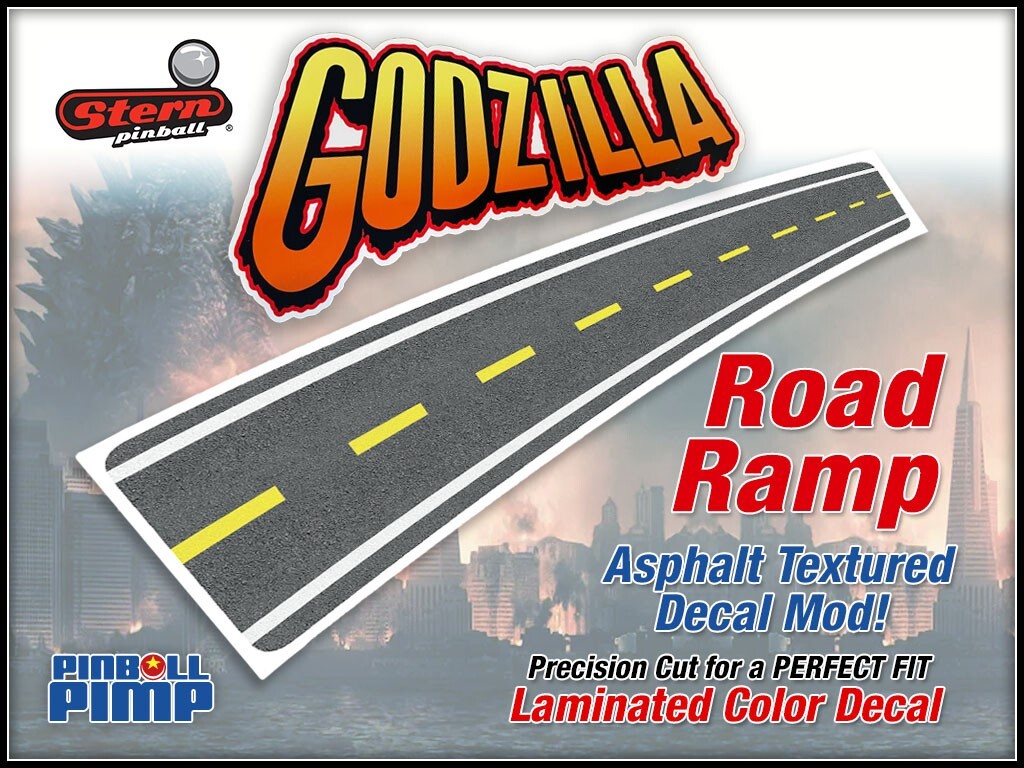 Stern GODZILLA Pinball "ASPHALT ROAD" Custom Ramp Decal Mod - A MUST HAVE!