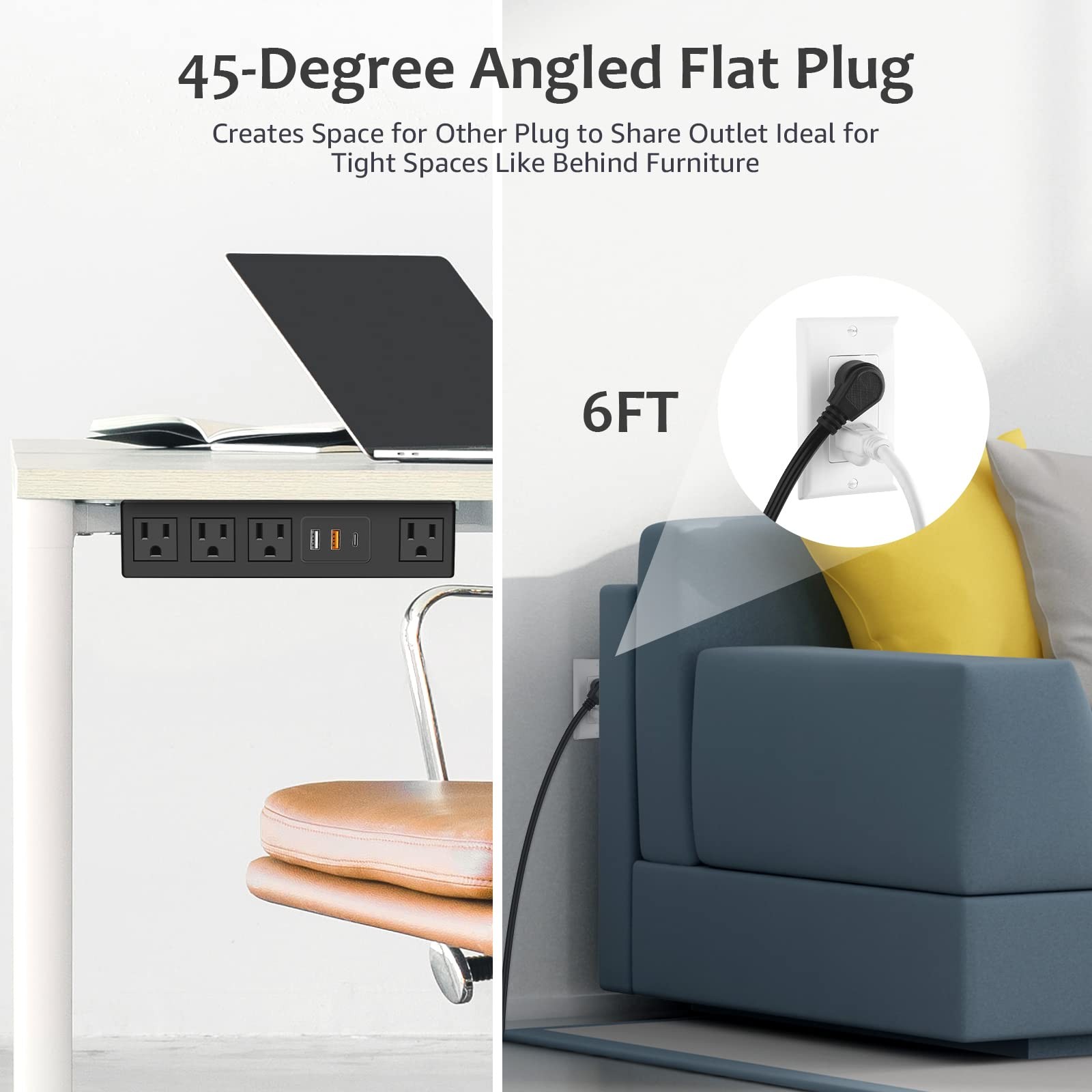 Under Desk Power Strip with 3M Adhesive, Removable Under Desktop Mount Plug w...