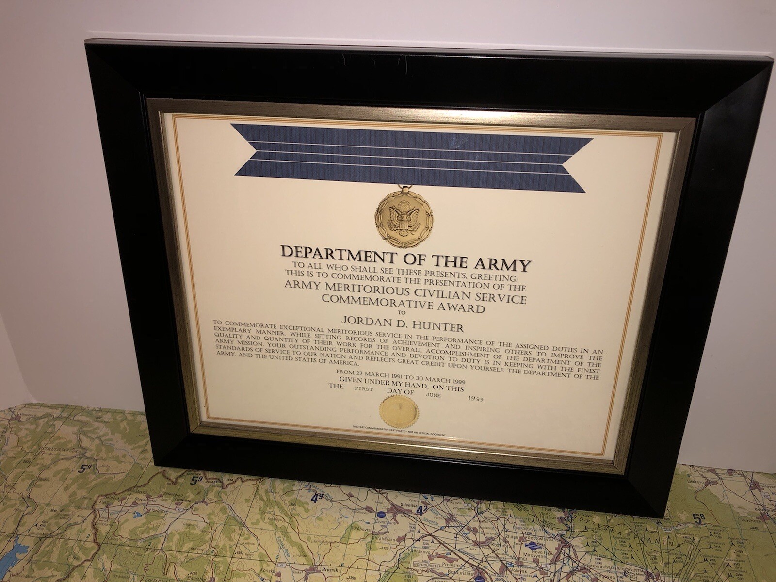 ARMY MERITORIOUS CIVILIAN SERVICE COMMEMORATIVE AWARD CERTIFICATE ~ Type-1