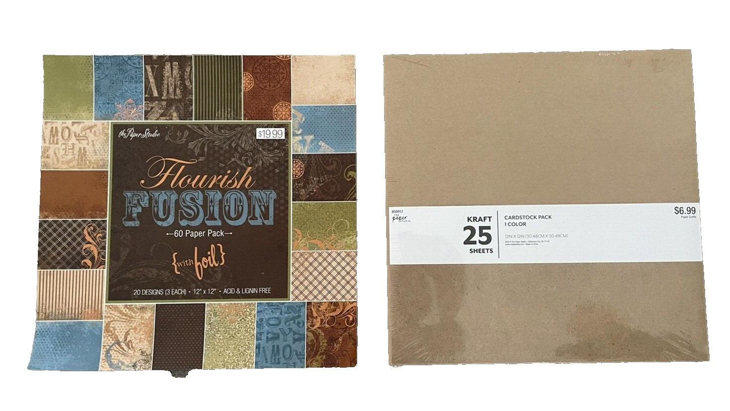 2 Pks 70 Pgs Scrapbook Journaling Papers Kraft and Flourish Fusion Foil 12x12