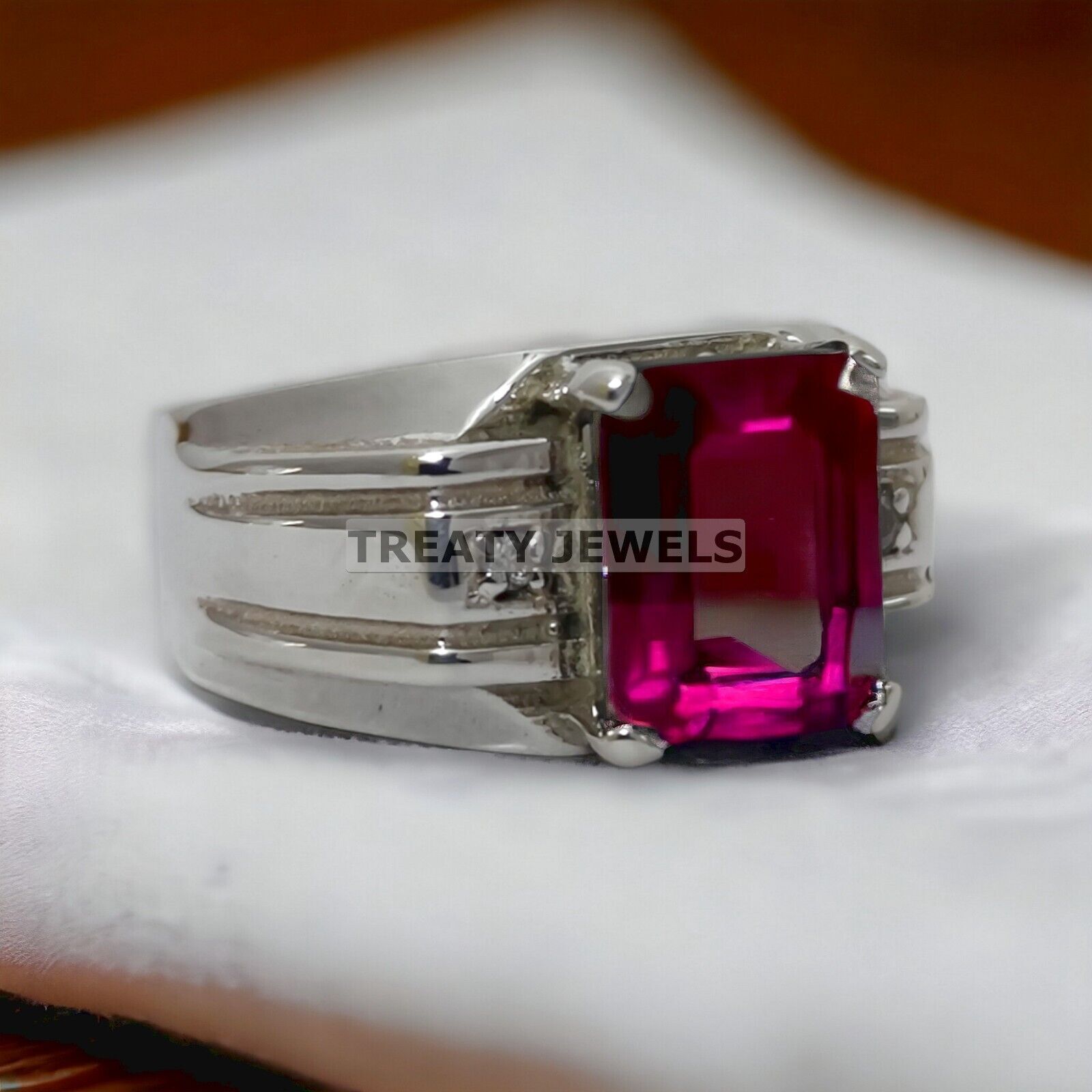 Ruby Emerald Cut Gemstone With 14K Solid White Gold Ring For Men's #998