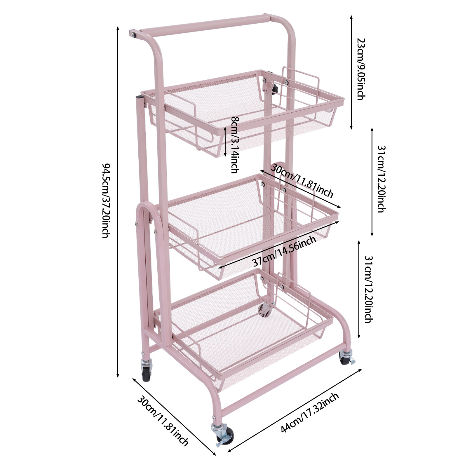 3-Tier Adjustable Metal Rolling Utility Cart, Movable Storage Cart for Kitchen