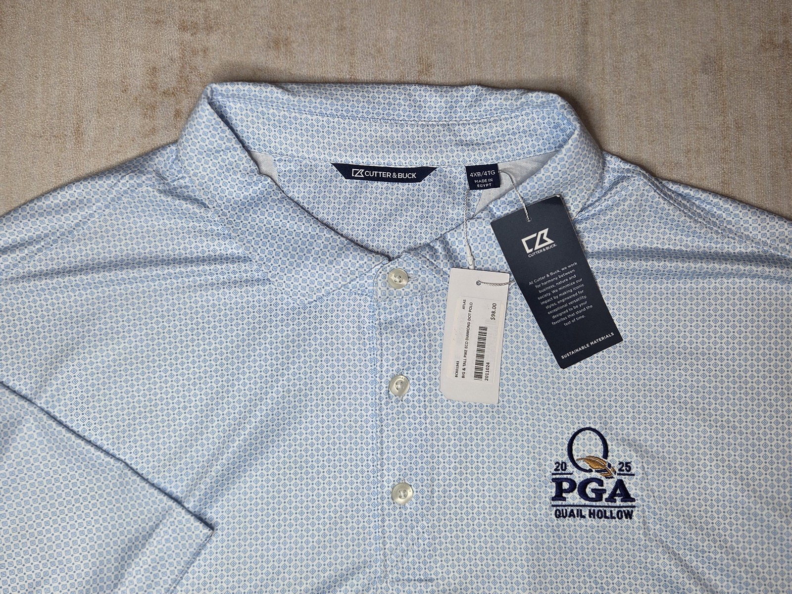 2025 PGA Quail Hollow Polo Shirt Mens Big Tall 4XB Blue Golf Cutter Buck