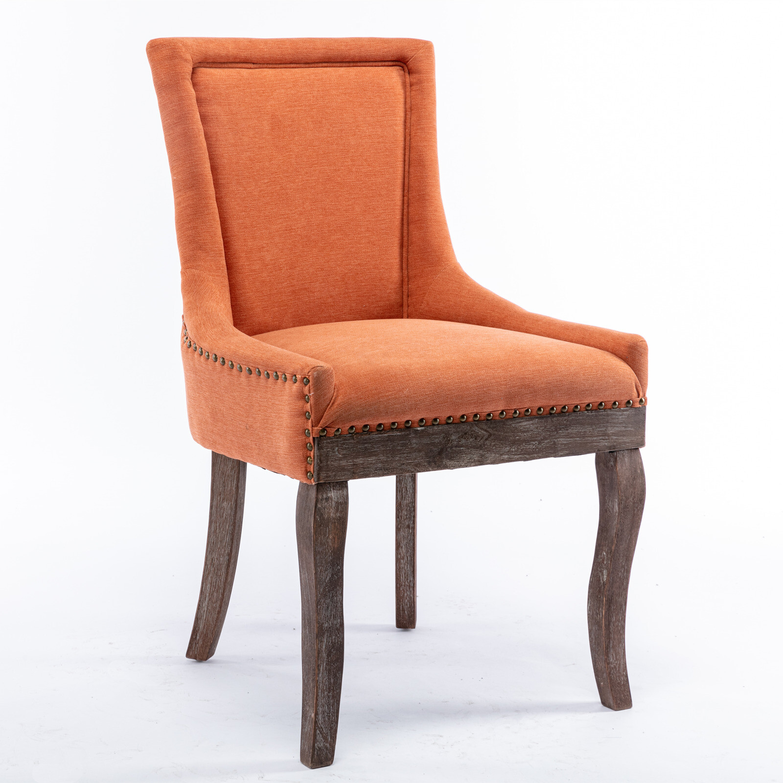Set of 2 Fabric Dining Room Chairs Kitchen W/Bronze nail head Wooden Legs Orange
