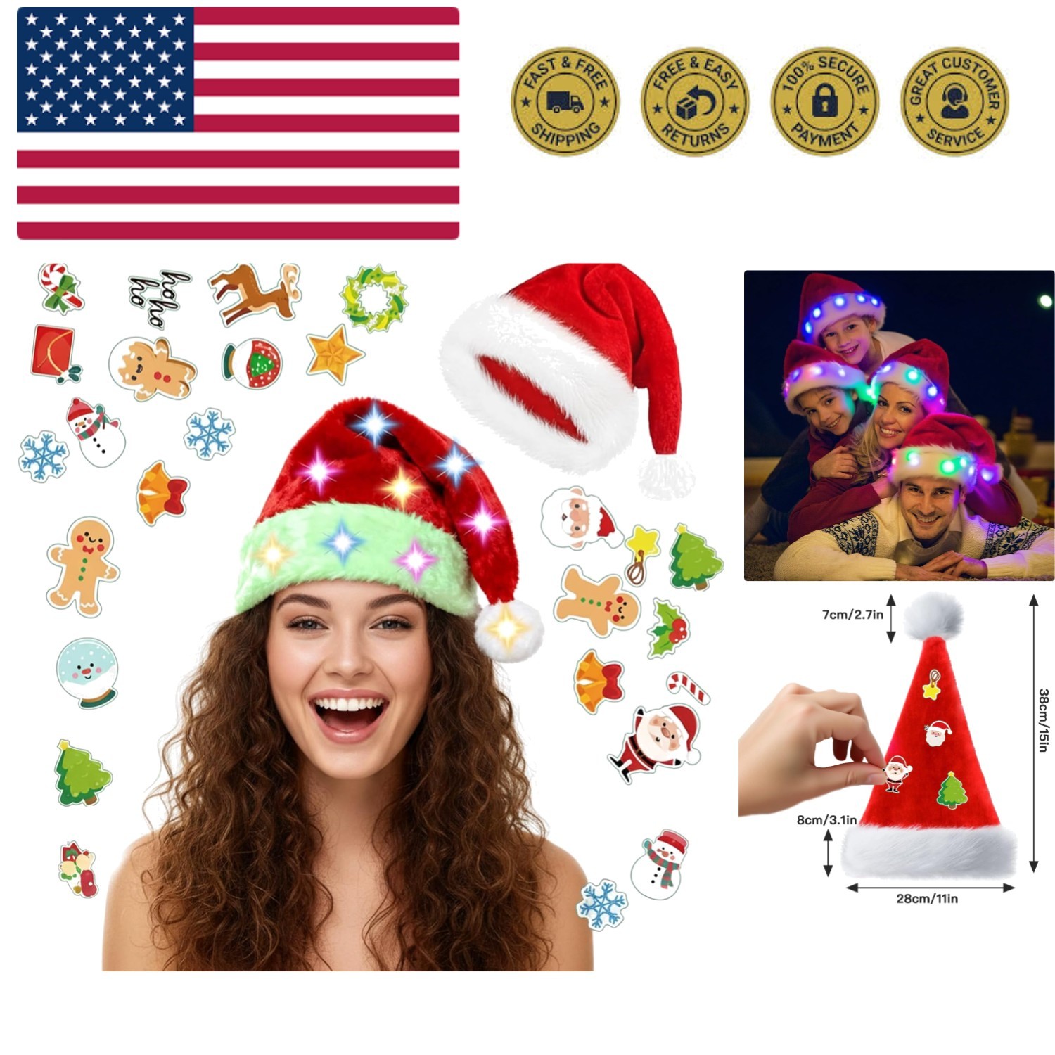 Light Up Santa Hat, Led Christmas Hat, Santa Hats Adult with 20 Diy Stickers,...