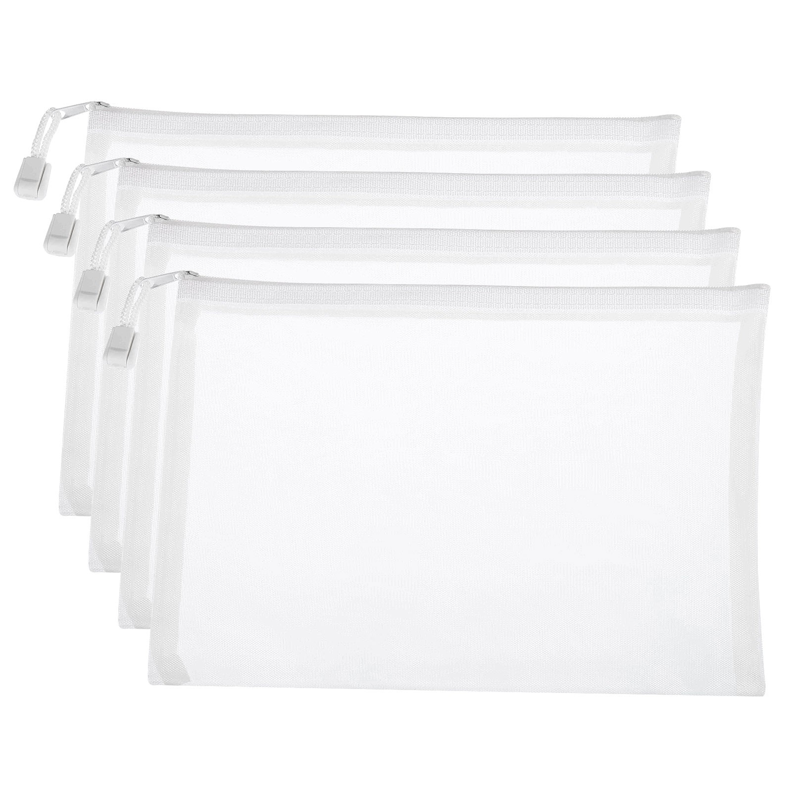 4Pcs Mesh Zipper Bags, A5 Travel Cases Nylon Makeup Pouches, White
