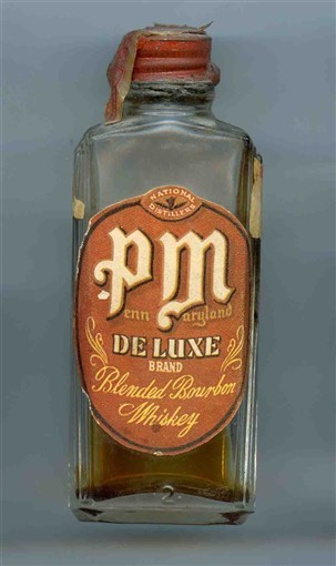 PM DeLuxe Blended Bourbon Whiskey Empty Miniature Glass Bottle 1930's