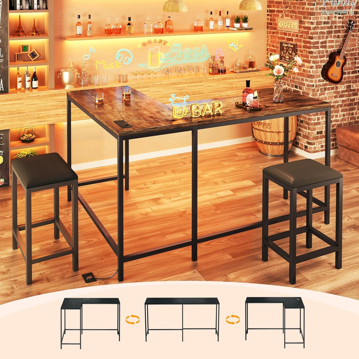 L Shaped Bar Table with Stools, 63‘’ Bar Height Table with Power Outlets,